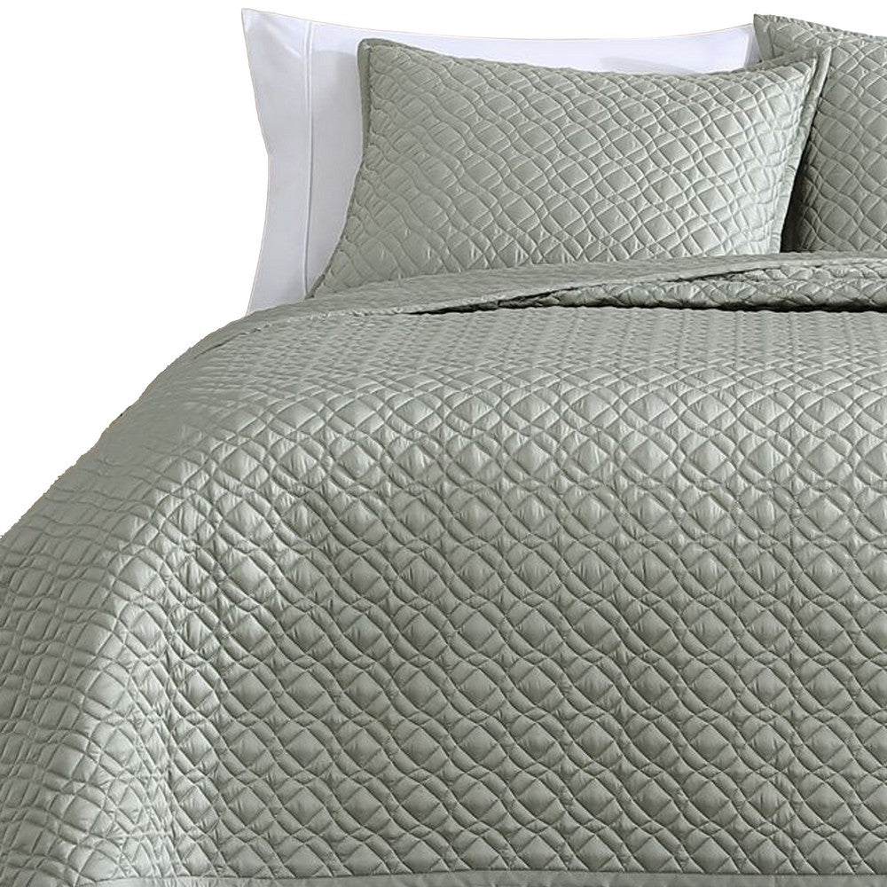 Benjara Keo 3pc Queen Coverlet Set, Reversible, Shams, Sage Gray Silky Fabric