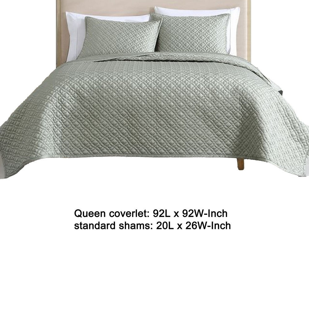 Benjara Keo 3pc Queen Coverlet Set, Reversible, Shams, Sage Gray Silky Fabric