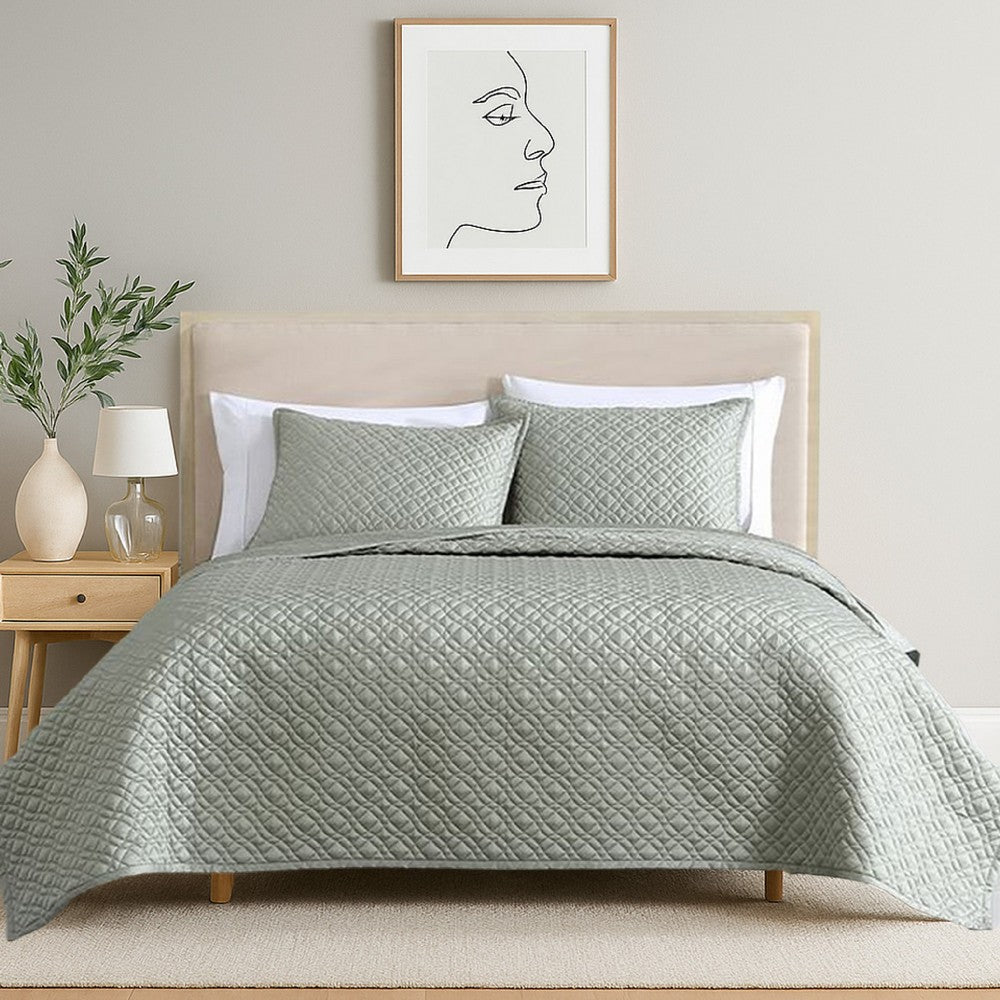 Benjara Keo 3pc Queen Coverlet Set, Reversible, Shams, Sage Gray Silky Fabric