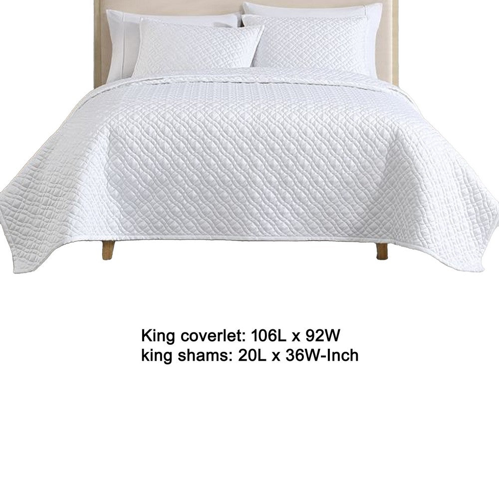 Benjara Keo 3pc King Coverlet Set, Reversible, Pillow Shams White Silky Fabric