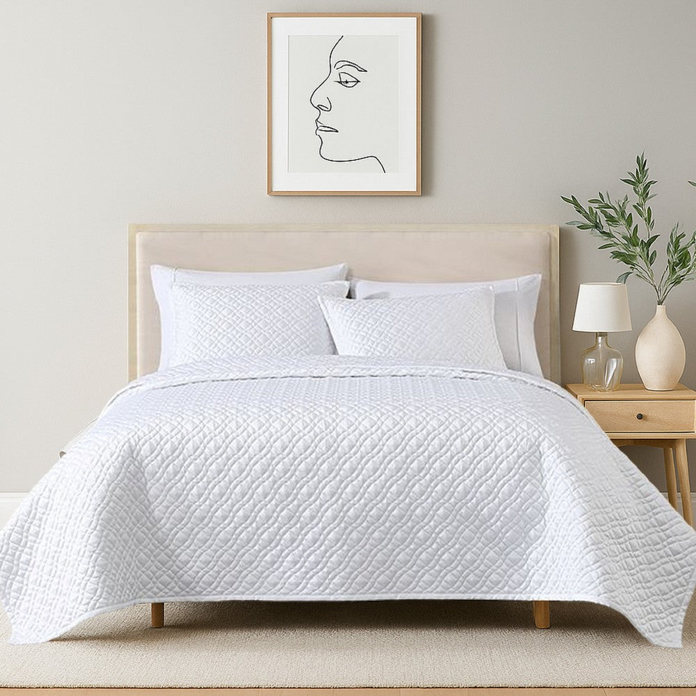 Benjara Keo 3pc King Coverlet Set, Reversible, Pillow Shams White Silky Fabric