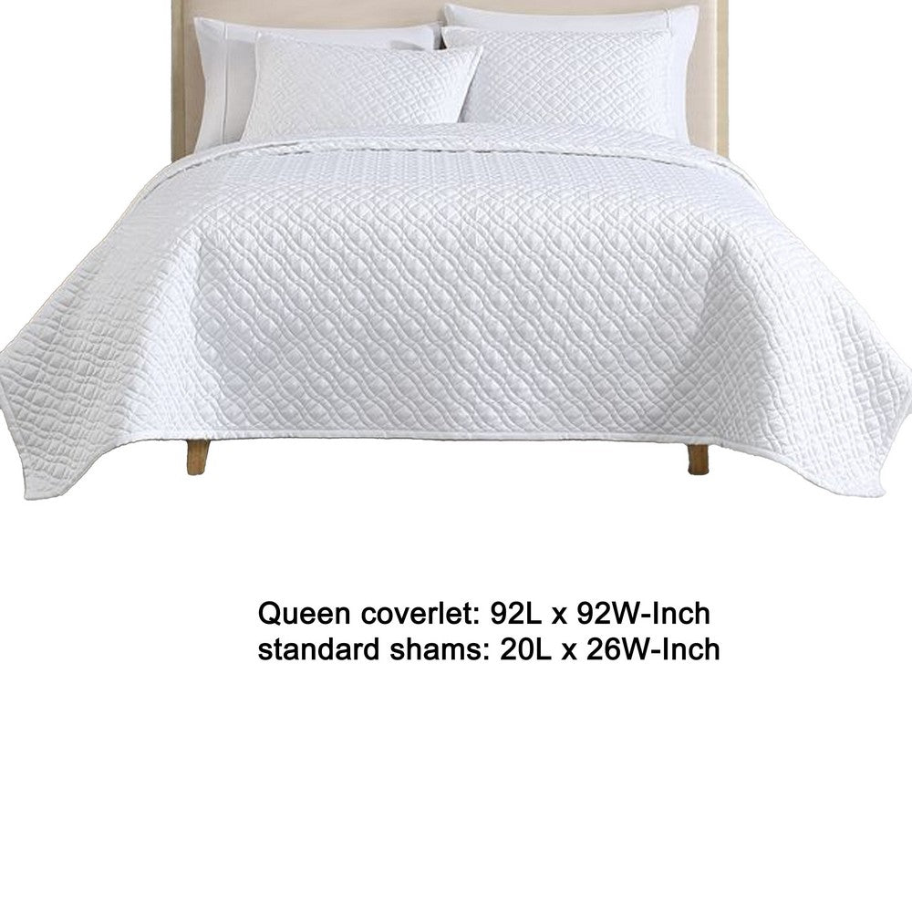 Benjara Keo 3pc Queen Coverlet Set, Reversible, Shams, White Silky Fabric