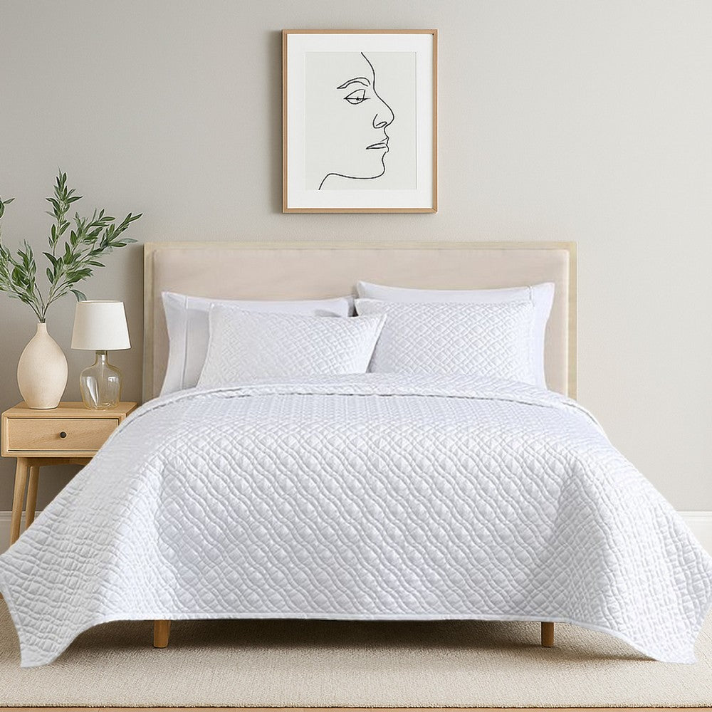 Benjara Keo 3pc Queen Coverlet Set, Reversible, Shams, White Silky Fabric