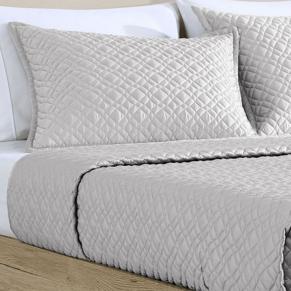Benjara Keo 3pc King Coverlet Set, Reversible, Shams, Silver Silky Fabric
