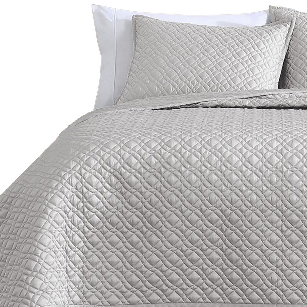 Benjara Keo 3pc King Coverlet Set, Reversible, Shams, Silver Silky Fabric