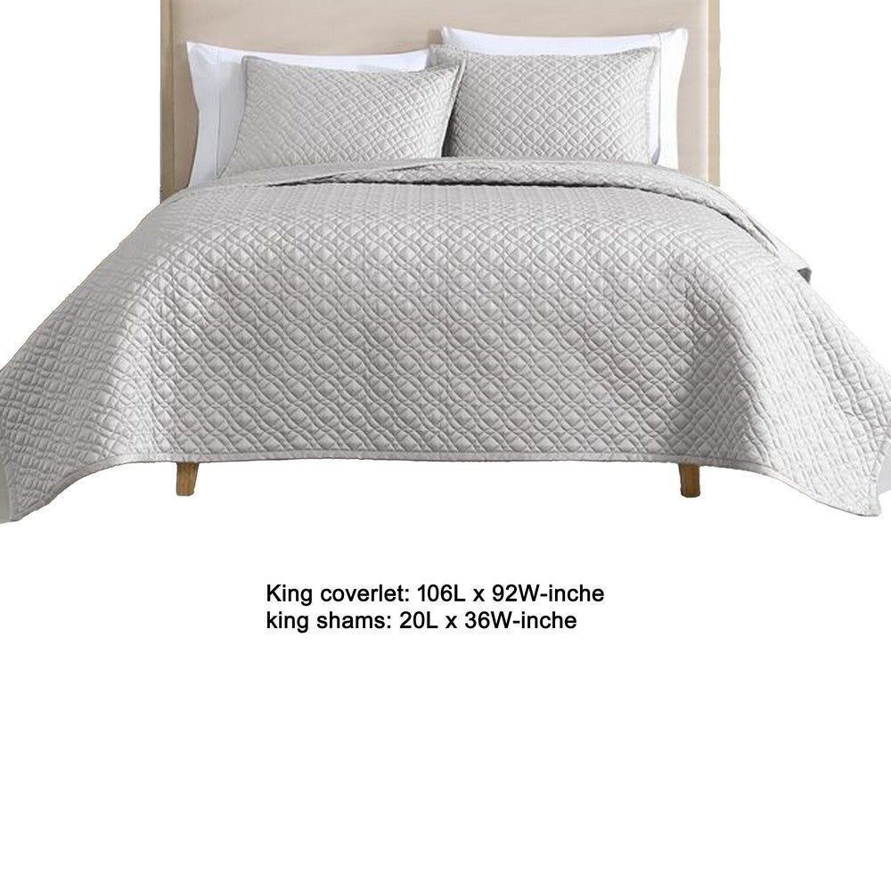 Benjara Keo 3pc King Coverlet Set, Reversible, Shams, Silver Silky Fabric