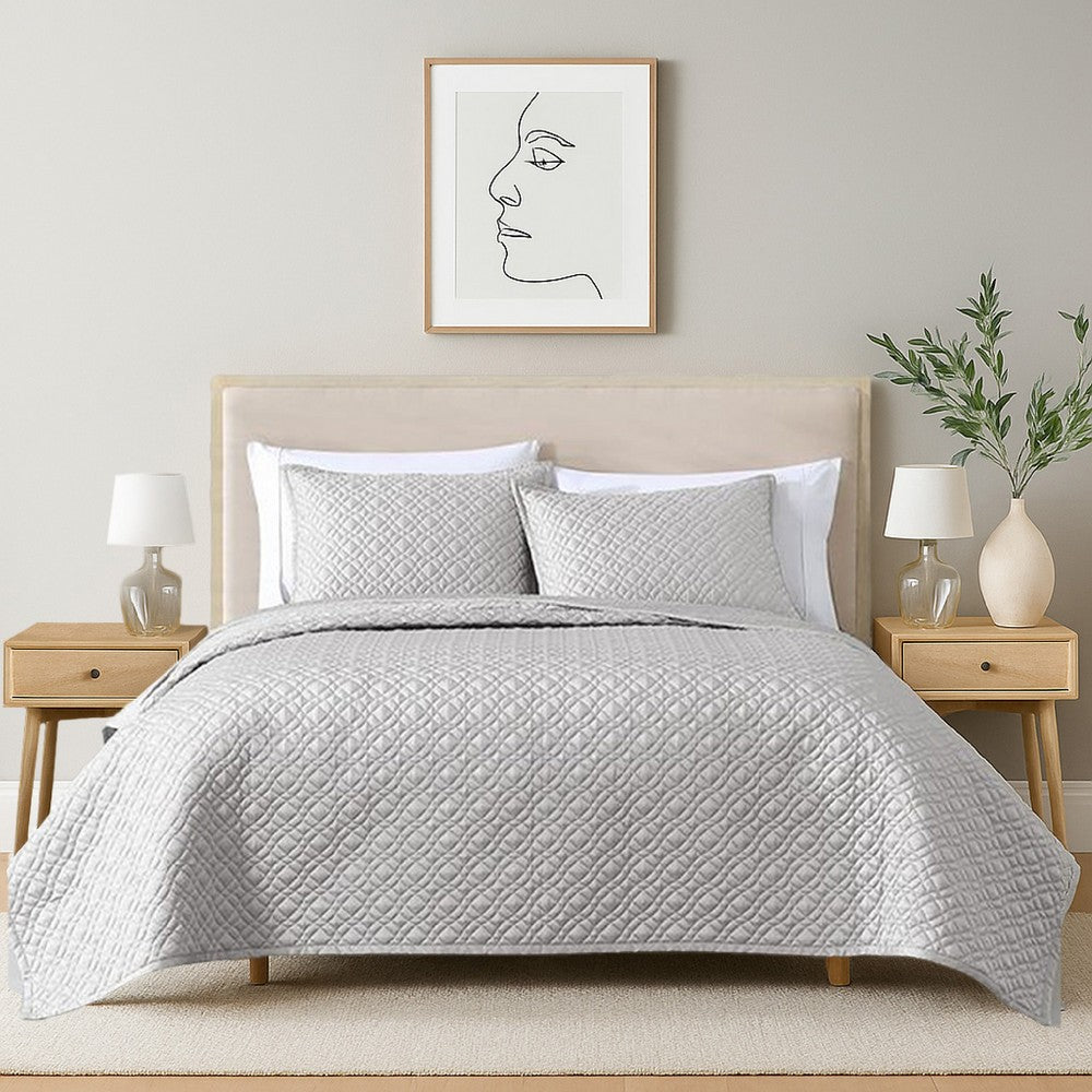 Benjara Keo 3pc King Coverlet Set, Reversible, Shams, Silver Silky Fabric
