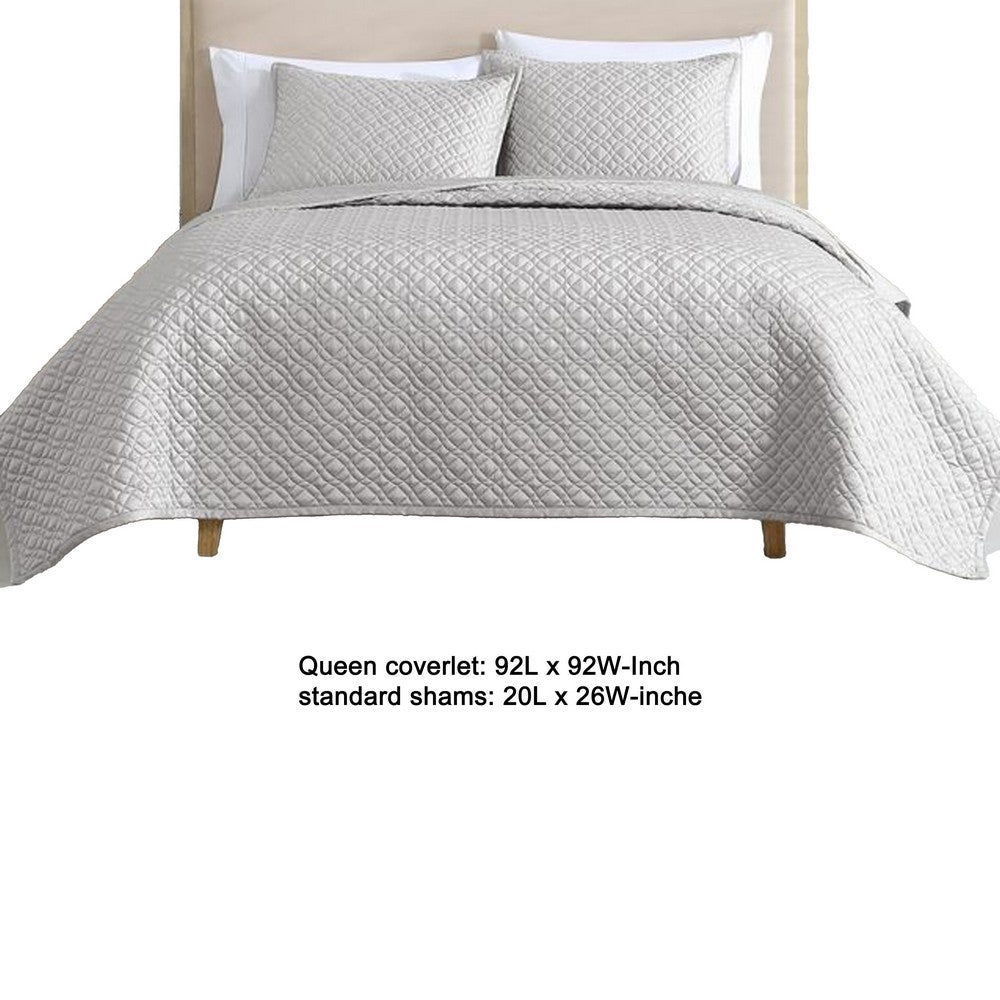 Benjara Keo 3pc Queen Coverlet Set, Reversible, Shams, Silver Silky Fabric