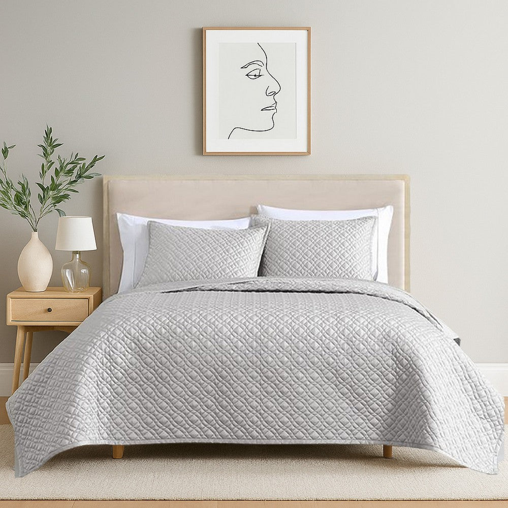 Benjara Keo 3pc Queen Coverlet Set, Reversible, Shams, Silver Silky Fabric