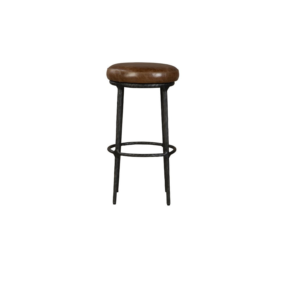 Benjara Mey Counter Stool, Brown Leather Round Seat, Black Forged Iron Base