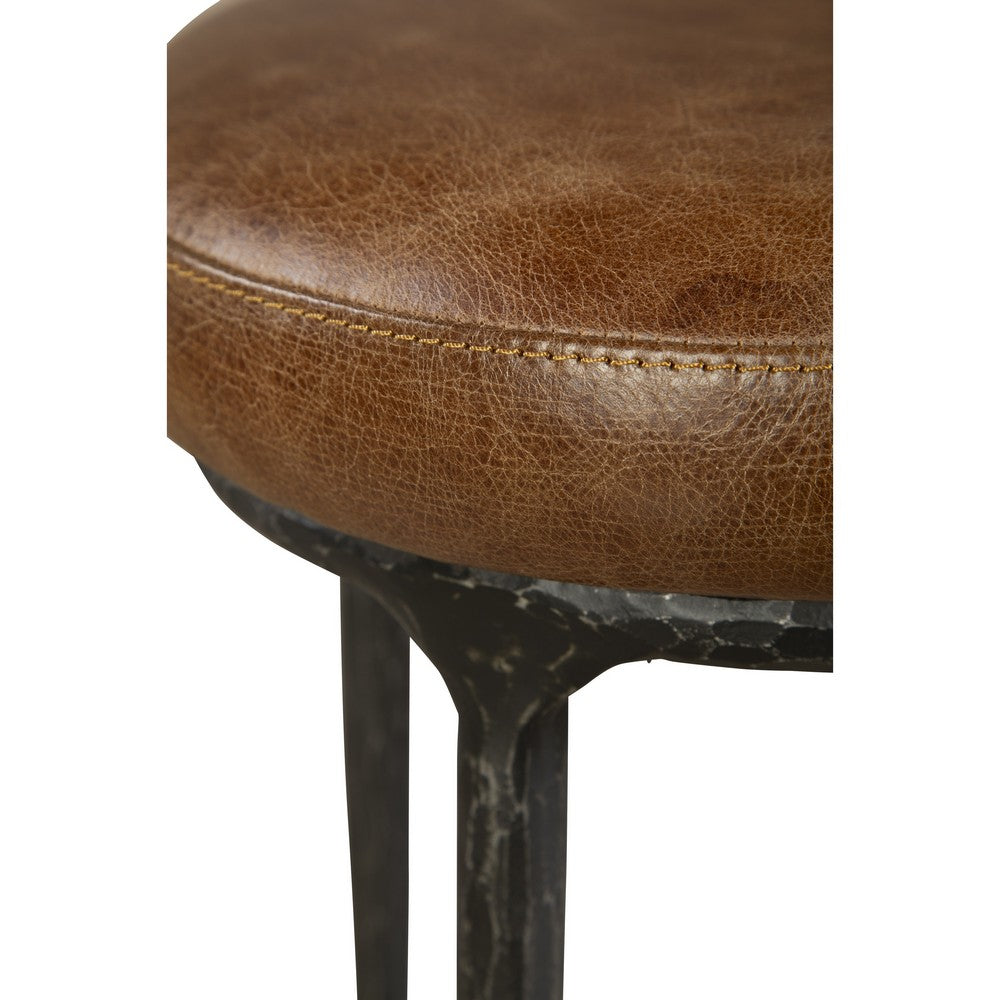 Benjara Mey Counter Stool, Brown Leather Round Seat, Black Forged Iron Base