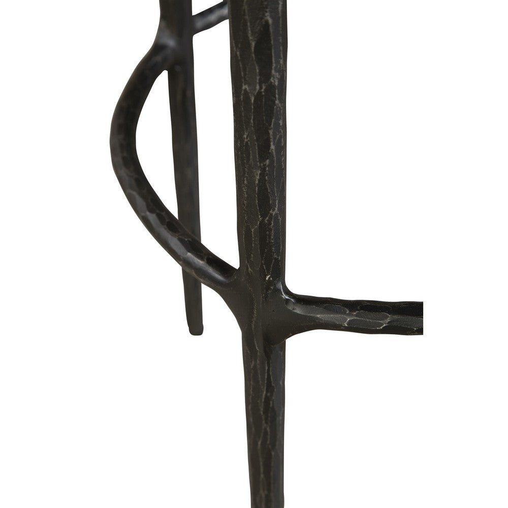 Benjara Mey Counter Stool, Brown Leather Round Seat, Black Forged Iron Base