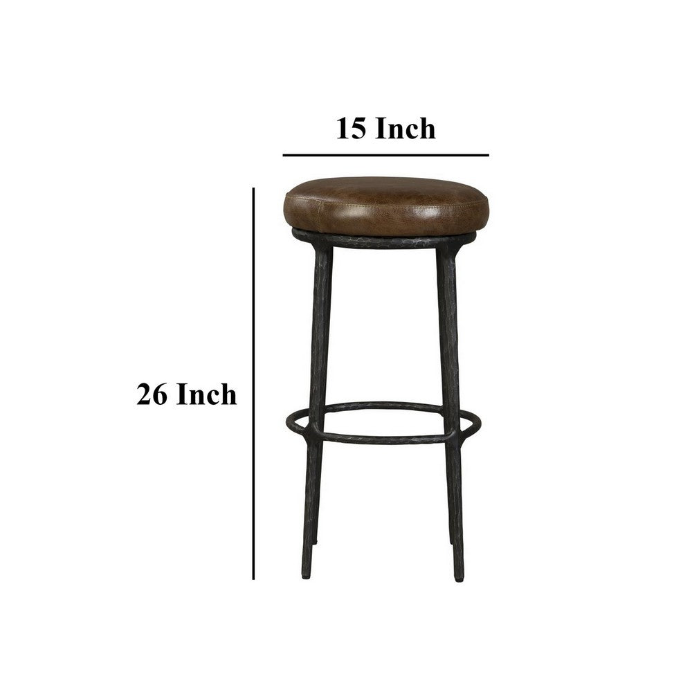 Benjara Mey Counter Stool, Brown Leather Round Seat, Black Forged Iron Base