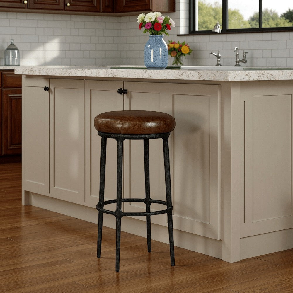 Benjara Mey Counter Stool, Brown Leather Round Seat, Black Forged Iron Base
