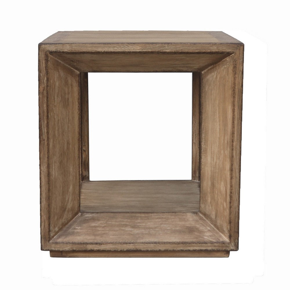 Benjara Limy Side End Table, 22 Inch Square Top, Shelf, Antique Brown Wood
