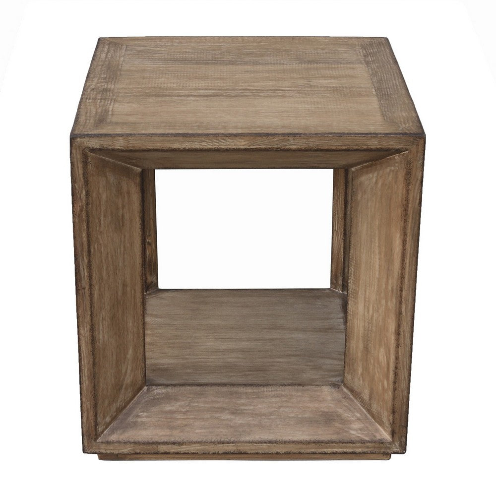Benjara Limy Side End Table, 22 Inch Square Top, Shelf, Antique Brown Wood