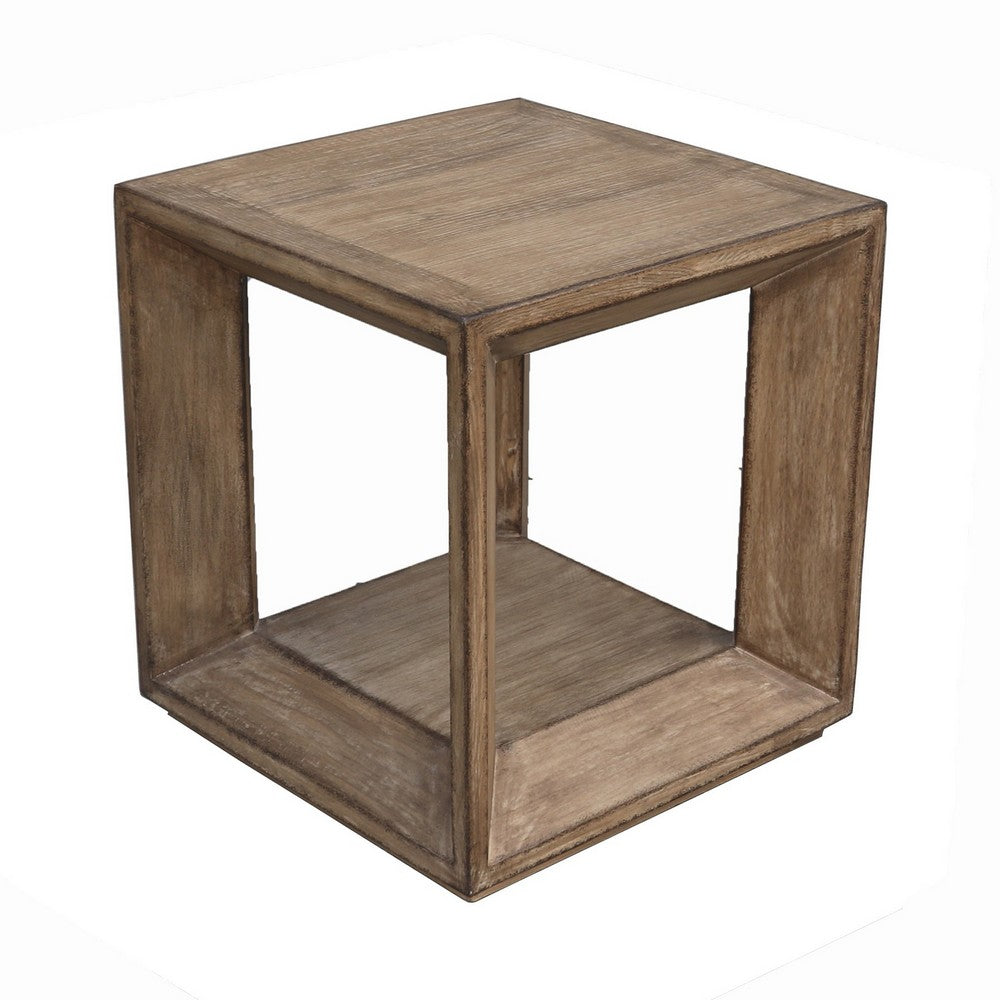 Benjara Limy Side End Table, 22 Inch Square Top, Shelf, Antique Brown Wood