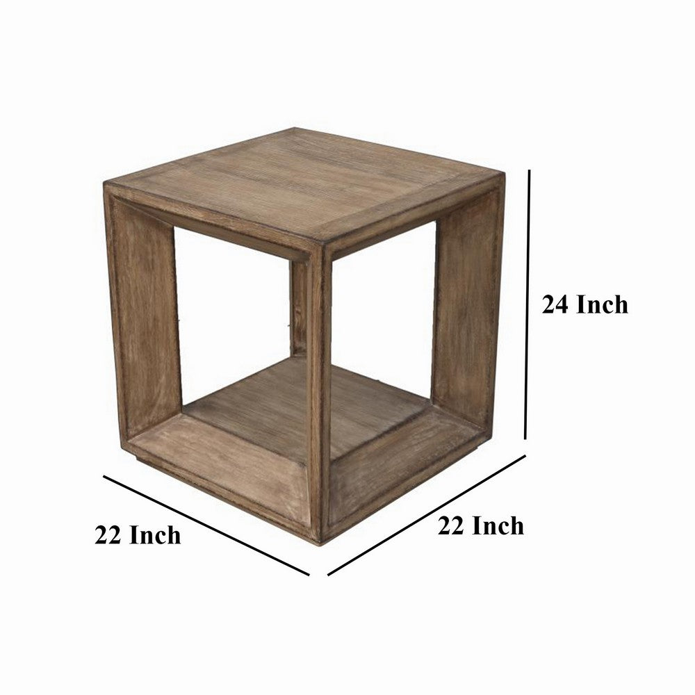 Benjara Limy Side End Table, 22 Inch Square Top, Shelf, Antique Brown Wood