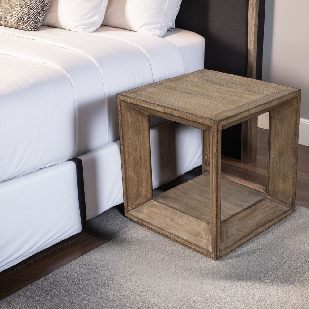 Benjara Limy Side End Table, 22 Inch Square Top, Shelf, Antique Brown Wood
