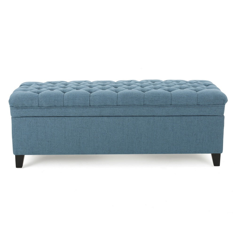 Benjara Rhya Storage Ottoman Bench, Soft Blue Fabric, Black Wood, 50 Inch