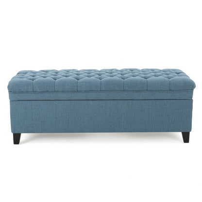 Benjara Rhya Storage Ottoman Bench, Soft Blue Fabric, Black Wood, 50 Inch