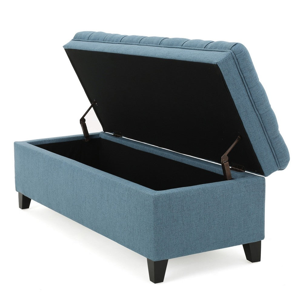 Benjara Rhya Storage Ottoman Bench, Soft Blue Fabric, Black Wood, 50 Inch