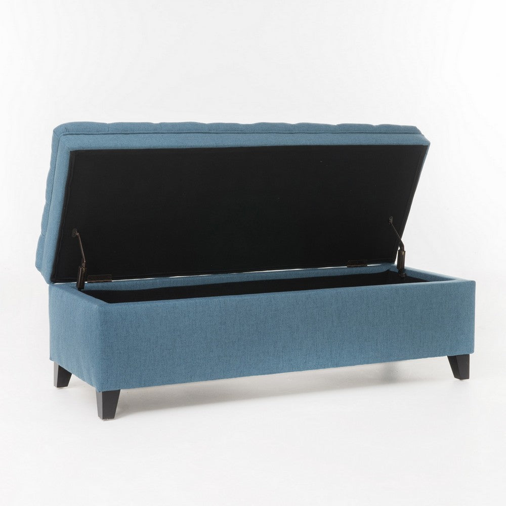 Benjara Rhya Storage Ottoman Bench, Soft Blue Fabric, Black Wood, 50 Inch