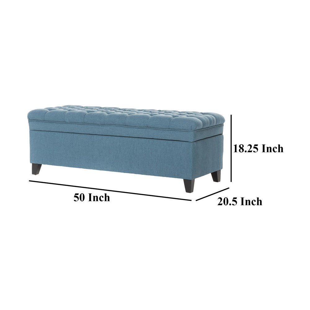 Benjara Rhya Storage Ottoman Bench, Soft Blue Fabric, Black Wood, 50 Inch