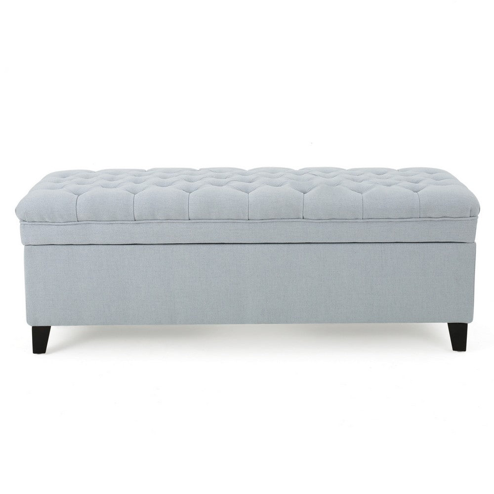Benjara Rhya Storage Ottoman Bench, Light Blue Fabric, Black Wood, 50 Inch