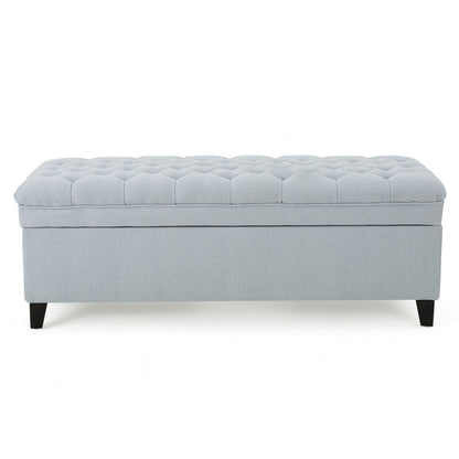 Benjara Rhya Storage Ottoman Bench, Light Blue Fabric, Black Wood, 50 Inch
