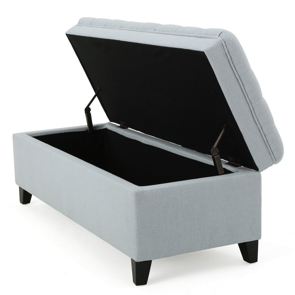 Benjara Rhya Storage Ottoman Bench, Light Blue Fabric, Black Wood, 50 Inch