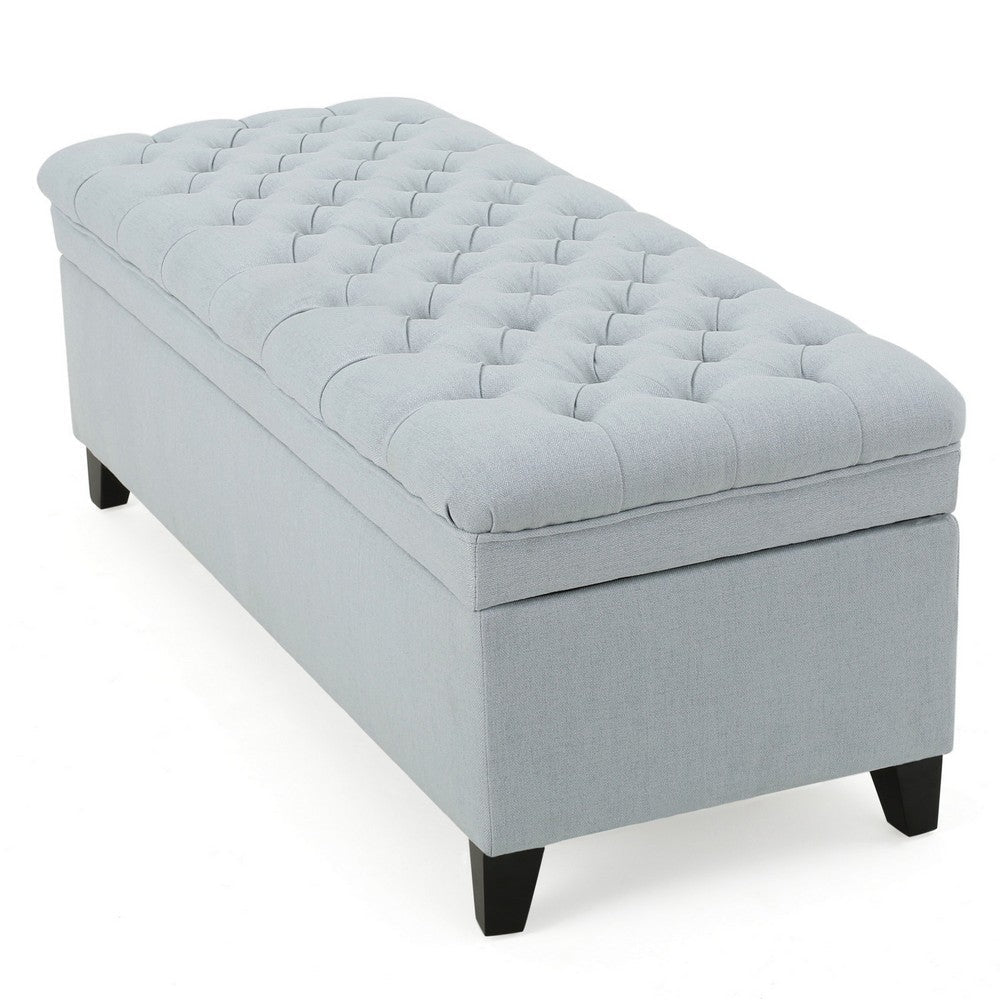 Benjara Rhya Storage Ottoman Bench, Light Blue Fabric, Black Wood, 50 Inch
