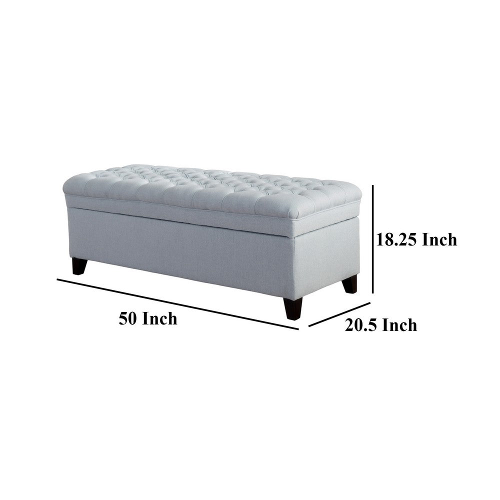 Benjara Rhya Storage Ottoman Bench, Light Blue Fabric, Black Wood, 50 Inch