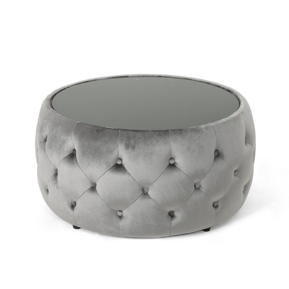 Benjara Pirana Ottoman Coffee Table, Gray Tuft Velvet, 30 Inch Tempered Glass