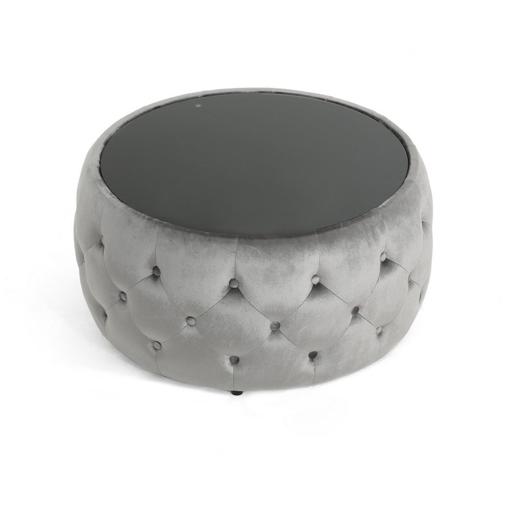 Benjara Pirana Ottoman Coffee Table, Gray Tuft Velvet, 30 Inch Tempered Glass