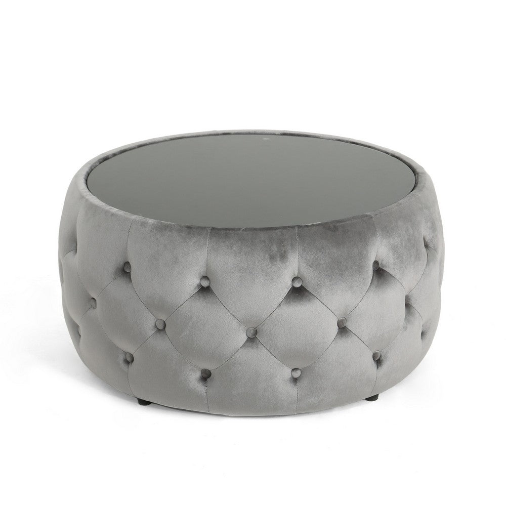 Benjara Pirana Ottoman Coffee Table, Gray Tuft Velvet, 30 Inch Tempered Glass