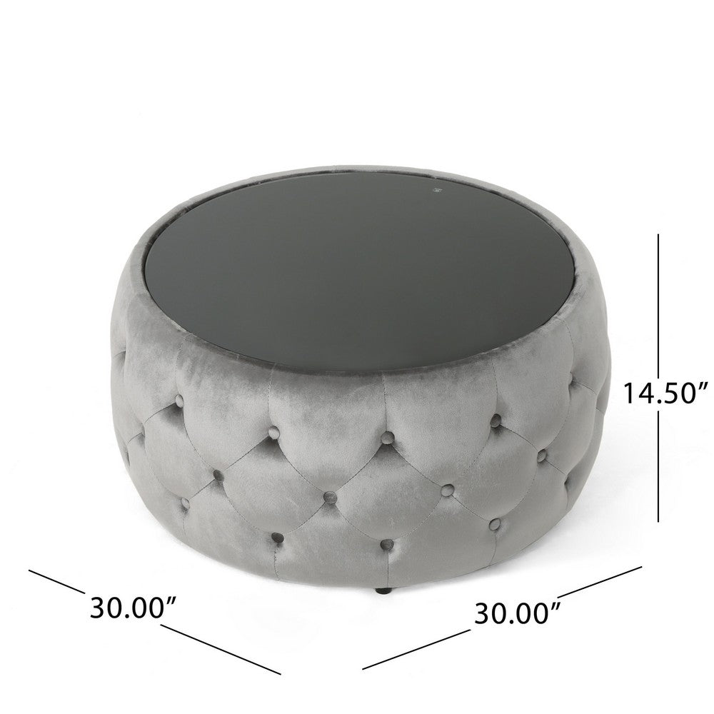Benjara Pirana Ottoman Coffee Table, Gray Tuft Velvet, 30 Inch Tempered Glass