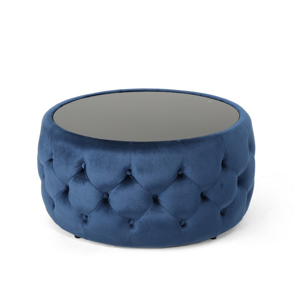 Benjara Pirana Ottoman Coffee Table, Blue Tuft Velvet, 30 Inch Tempered Glass