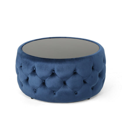 Benjara Pirana Ottoman Coffee Table, Blue Tuft Velvet, 30 Inch Tempered Glass