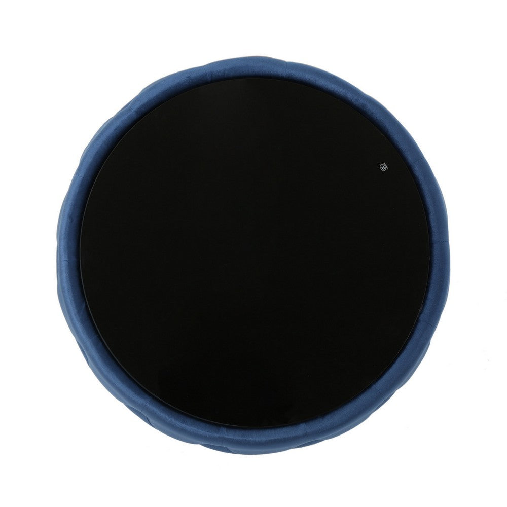 Benjara Pirana Ottoman Coffee Table, Blue Tuft Velvet, 30 Inch Tempered Glass