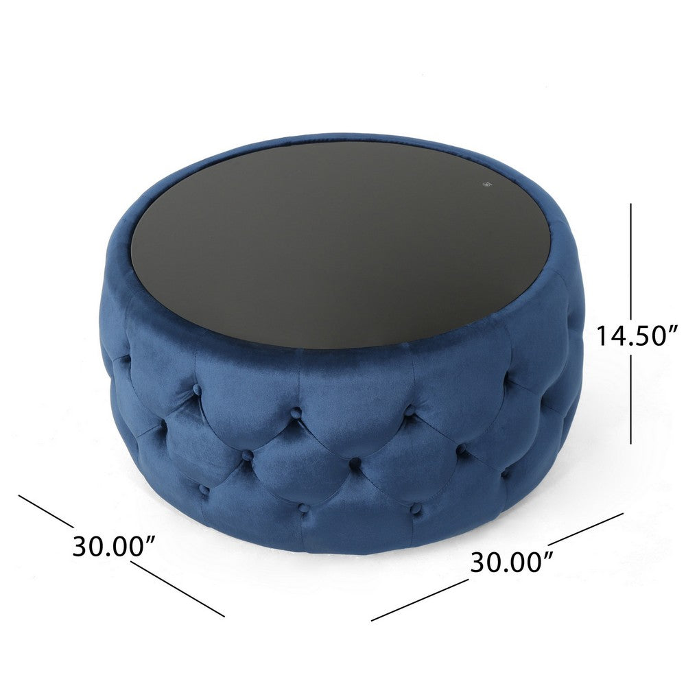 Benjara Pirana Ottoman Coffee Table, Blue Tuft Velvet, 30 Inch Tempered Glass