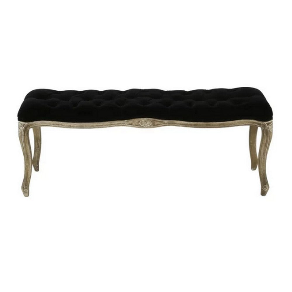 Benjara Kopa Bench Footstool, Tufted Black, Brown Wood, Curved Legs, 46 Inch