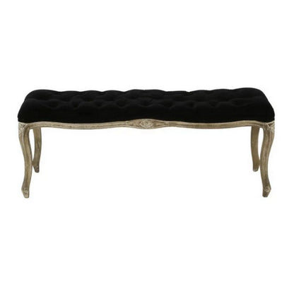 Benjara Kopa Bench Footstool, Tufted Black, Brown Wood, Curved Legs, 46 Inch