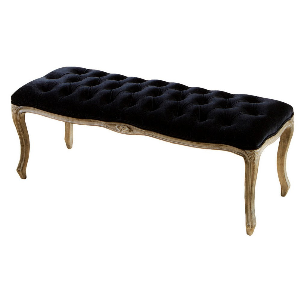 Benjara Kopa Bench Footstool, Tufted Black, Brown Wood, Curved Legs, 46 Inch