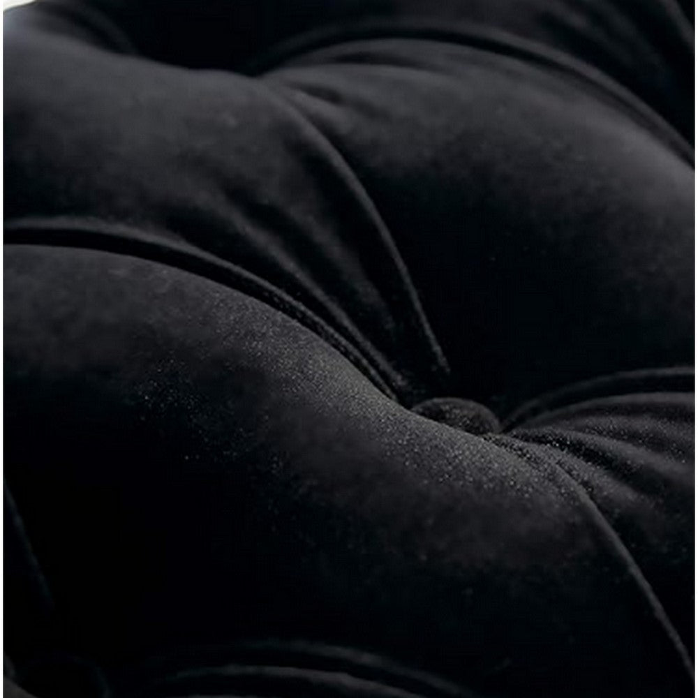 Benjara Kopa Bench Footstool, Tufted Black, Brown Wood, Curved Legs, 46 Inch