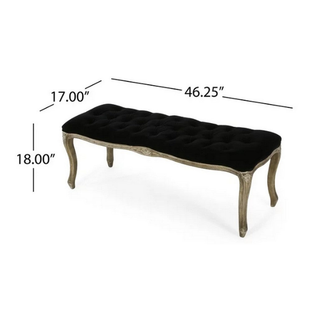 Benjara Kopa Bench Footstool, Tufted Black, Brown Wood, Curved Legs, 46 Inch