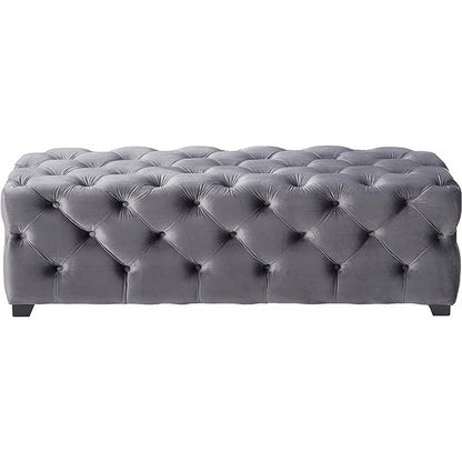 Benjara Ottoman Bench, Button Tufted Gray Velvet, Soft Cushions, 51 Inch