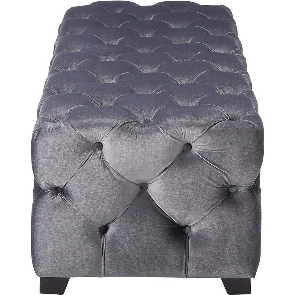 Benjara Ottoman Bench, Button Tufted Gray Velvet, Soft Cushions, 51 Inch