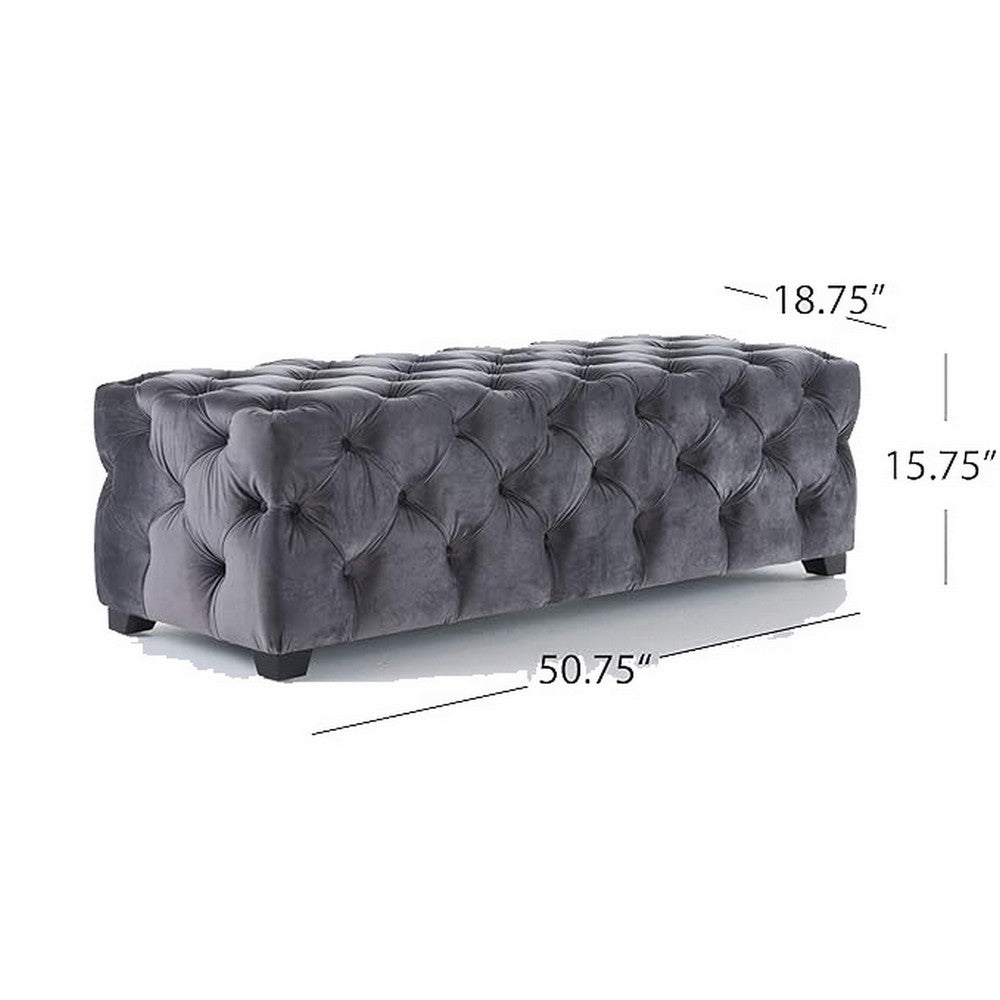 Benjara Ottoman Bench, Button Tufted Gray Velvet, Soft Cushions, 51 Inch