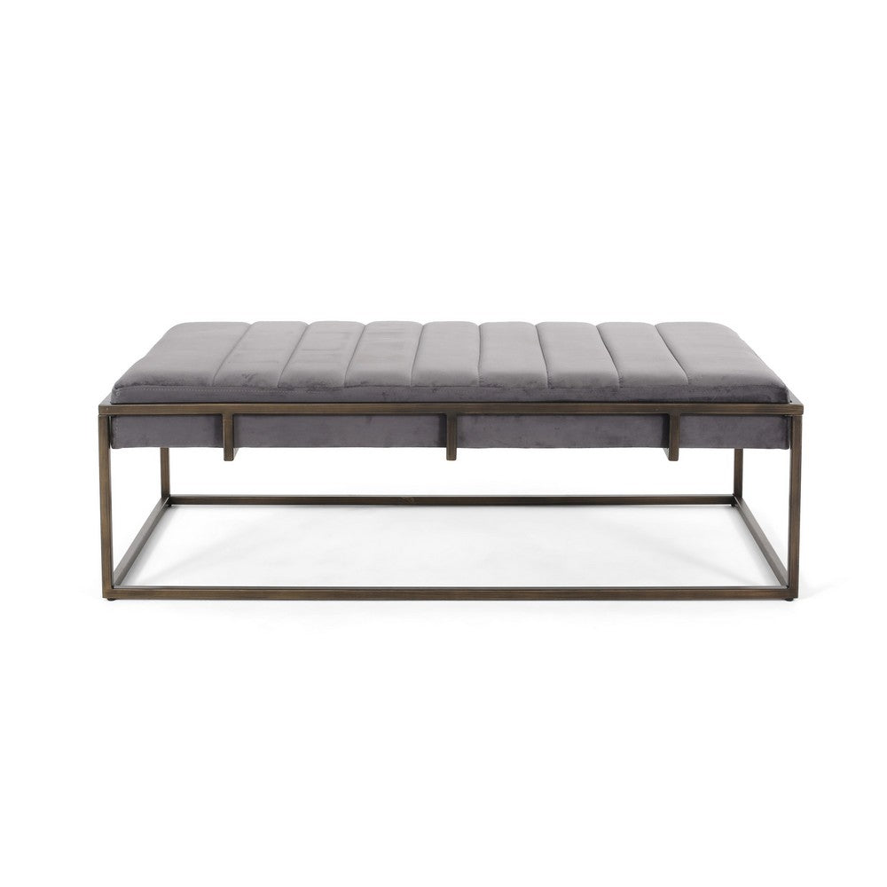 Benjara Shami Ottoman Bench, Gray Velvet Stitch Tufting, Gold Iron, 49 Inch